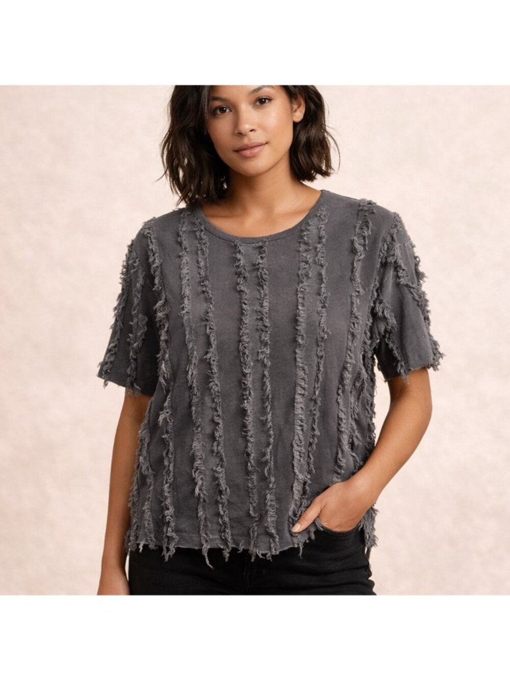 Polygram Gray Distressed Fringe Top Womens Medium Raw Hem Grunge Minimal